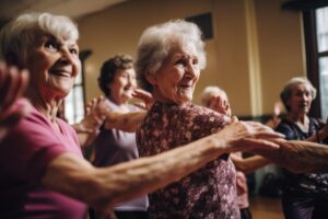seniors participate in a dance class, one of many cognitive exercises for seniors to improve memory