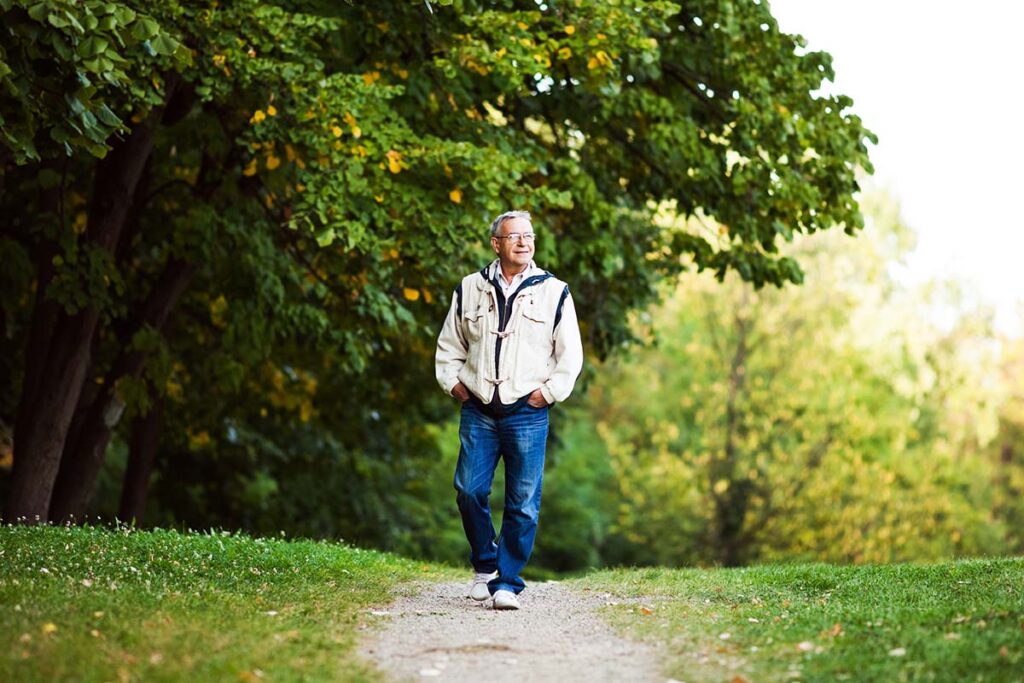 a senior goes on a walk, a staple in many daily routines for seniors