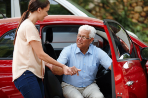 a person helps a senior into a car, which demonstrates the importance of transportation for seniors