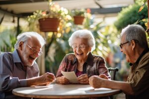a group of seniors enjoys the advantages of senior living by laughing together