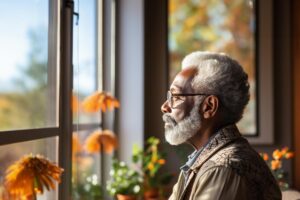 a saenior adult looks out of a window to a garden as he thinks of Combatting Isolation in Senior Living