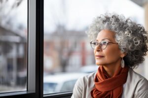 a senior adult looks from a window while wondering how Assisted Living empowers Seniors