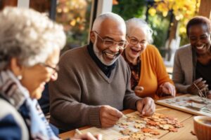 a group of seniors does a puzzle and talks about senior living trends